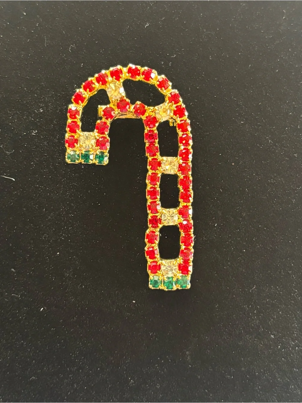 Vintage Gold-Tone Red & Green Candy Cane Crystal Brooch -Sparkling Rhinestones